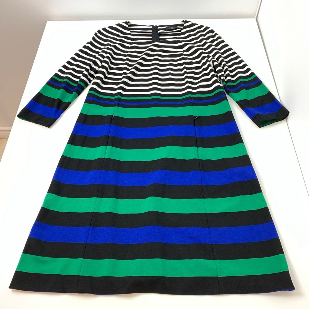 Riani Dress Striped Pockets Zip Green Blue Black Sz 10 Jersey Classic A-Line - Picture 3 of 11